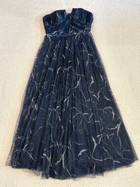 Hutch Corene Gown Navy Two Tone Floral Pleated Strapless A-Line Midi Dress sz 2